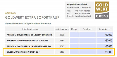 NEU: Antrag Sofortkauf mit Auslieferung inkl. 1 OZ-Silbermünze